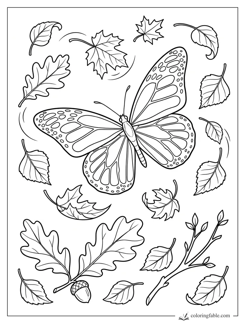 Butterfly with patterned wings surrounded by swirling oak, maple, and birch leaves