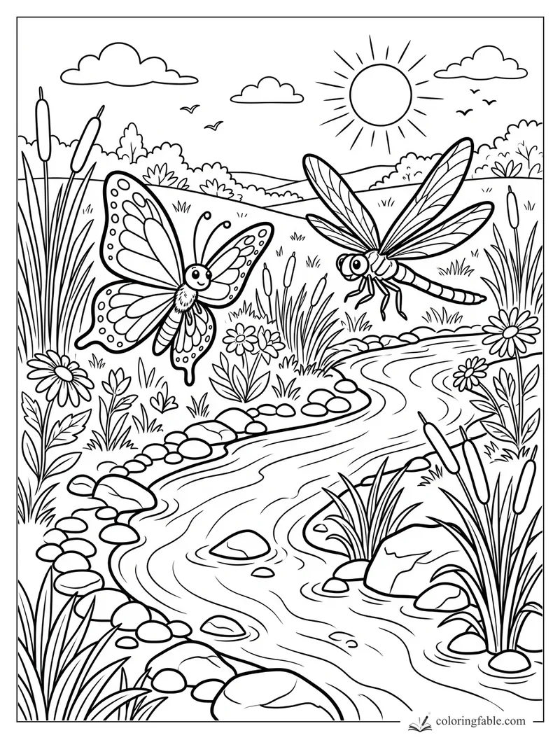 Cartoon butterfly and dragonfly by a winding creek with cattails, daisies, rocks, sun, clouds, and birds