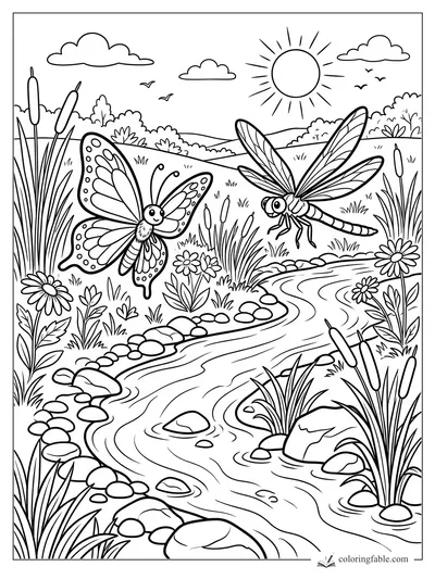Cartoon butterfly and dragonfly by a winding creek with cattails, daisies, rocks, sun, clouds, and birds