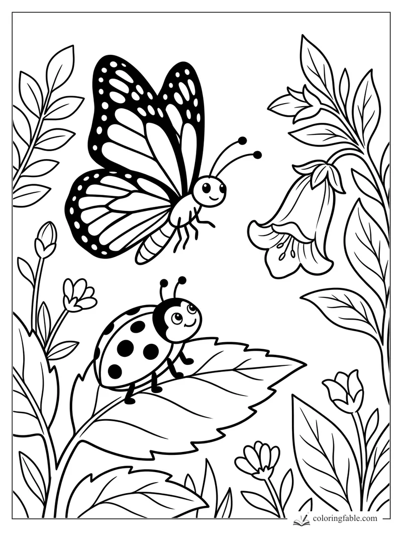 Cartoon butterfly flying above a spotted ladybug on a leaf among flowers and tall leafy stems.