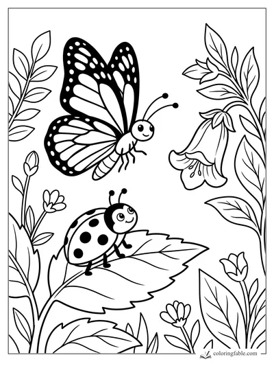 Cartoon butterfly flying above a spotted ladybug on a leaf among flowers and tall leafy stems.