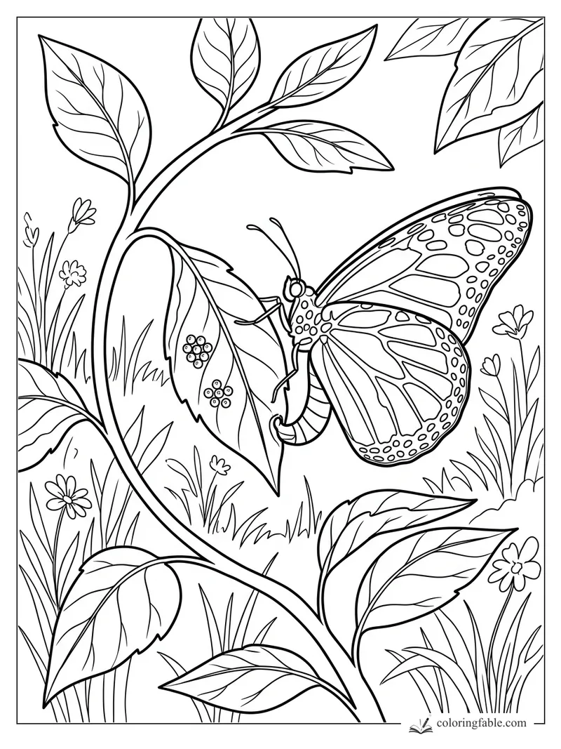 Butterfly with patterned wings beside a chrysalis on a leafy vine with berries, grasses, and small flowers