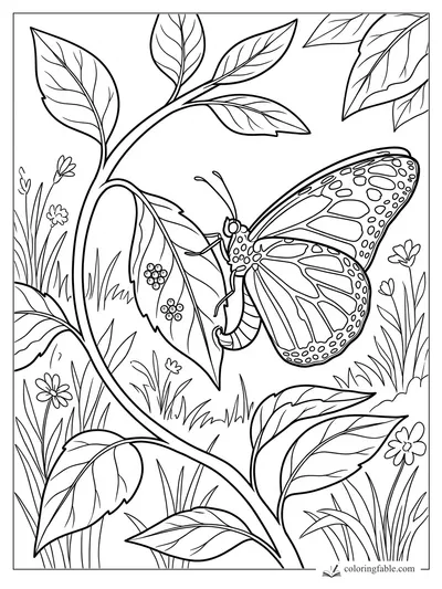 Butterfly with patterned wings beside a chrysalis on a leafy vine with berries, grasses, and small flowers
