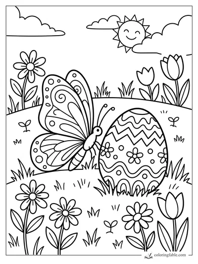 Easy butterfly coloring page with a patterned egg, daisies, tulips, clouds, and smiling sun.