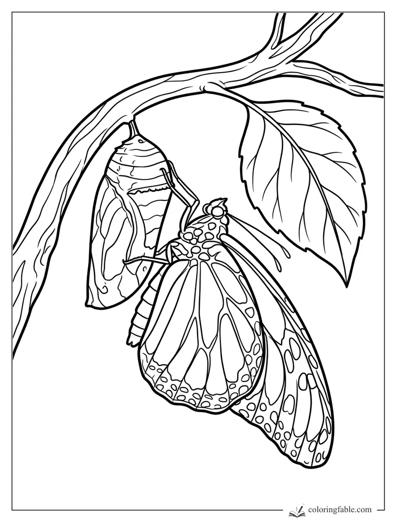 Butterfly with patterned wings hanging from a branch beside an empty chrysalis and leaf