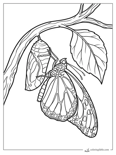 Butterfly with patterned wings hanging from a branch beside an empty chrysalis and leaf