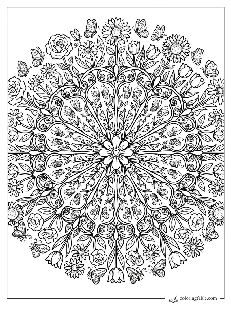 Intricate garden mandala with butterflies, roses, tulips, daisies, sunflowers, leaves, and curling vines.