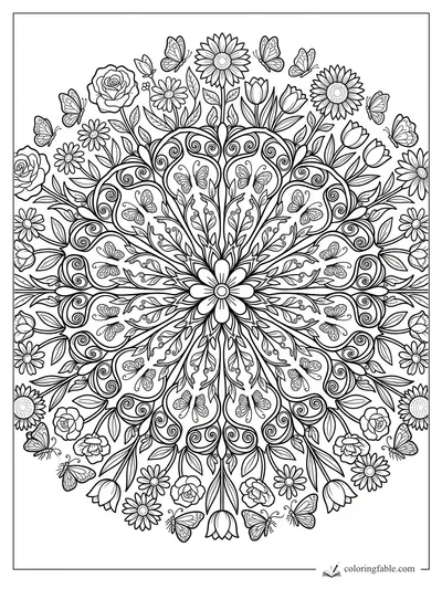 Intricate garden mandala with butterflies, roses, tulips, daisies, sunflowers, leaves, and curling vines.