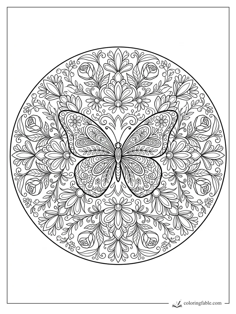 Intricate butterfly mandala with roses, daisies, leafy vines, and curled floral patterns in a circle