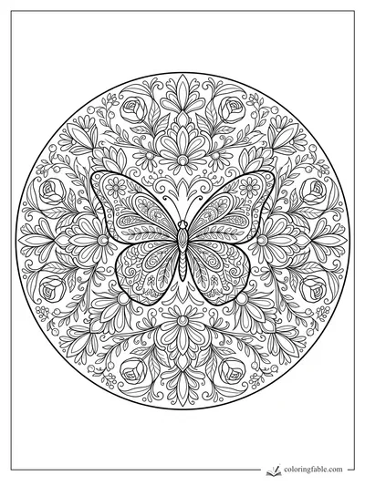 Intricate butterfly mandala with roses, daisies, leafy vines, and curled floral patterns in a circle