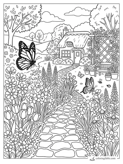 Butterflies, flowers, rose trellis, stone path, and thatched cottage in a detailed garden coloring page