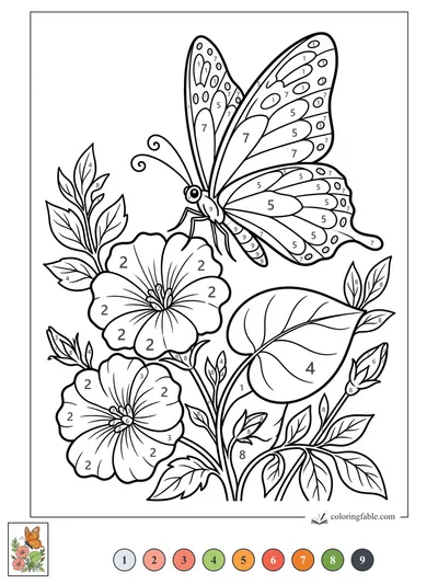 Butterfly Hovering Over Garden Blooms — color by number