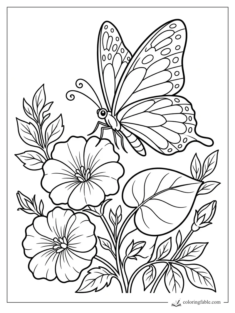 Butterfly with patterned wings hovering above two open flowers, buds, stems, and leafy branches