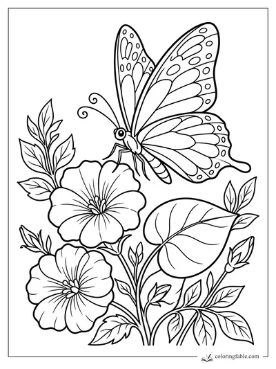 Butterfly with patterned wings hovering above two open flowers, buds, stems, and leafy branches