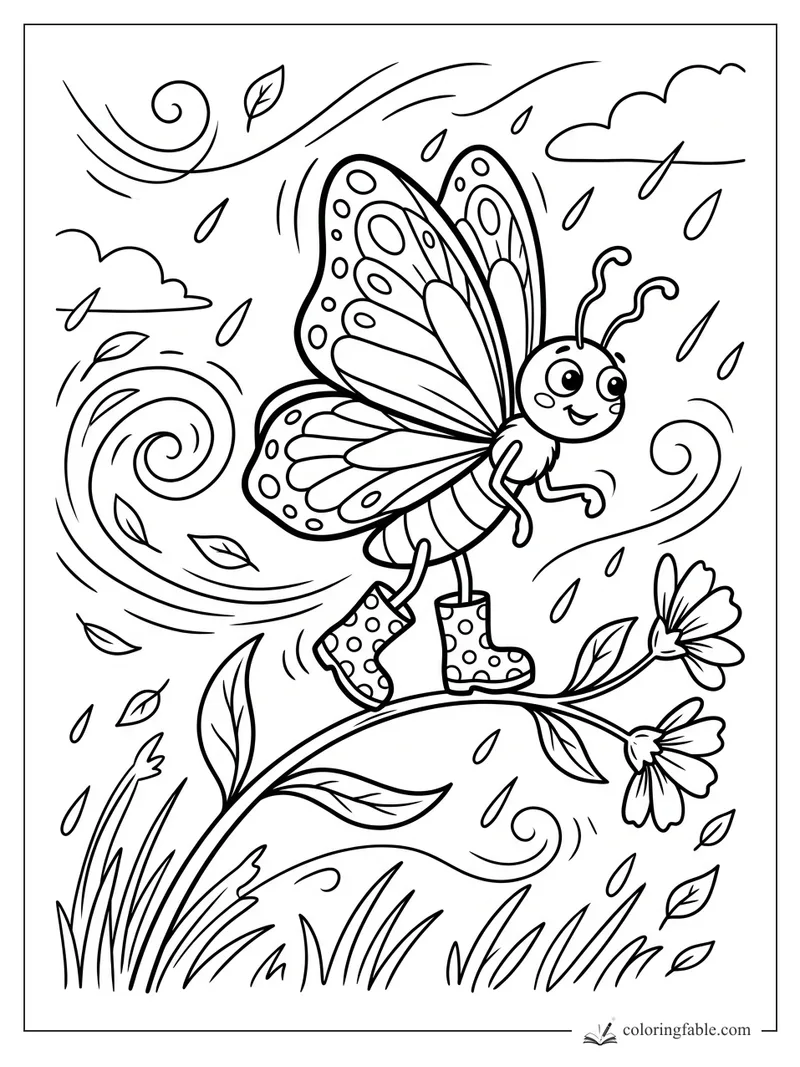 Cartoon butterfly in polka-dot rain boots balancing on a flower stem amid raindrops, leaves, and swirling wind.