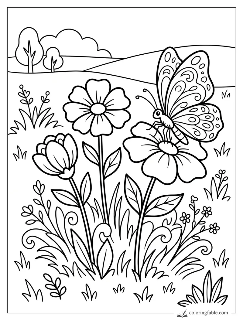 Cartoon butterfly perched on a flower among tall meadow blooms, grasses, hills, and trees.