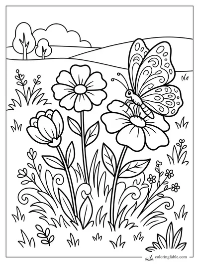 Cartoon butterfly perched on a flower among tall meadow blooms, grasses, hills, and trees.