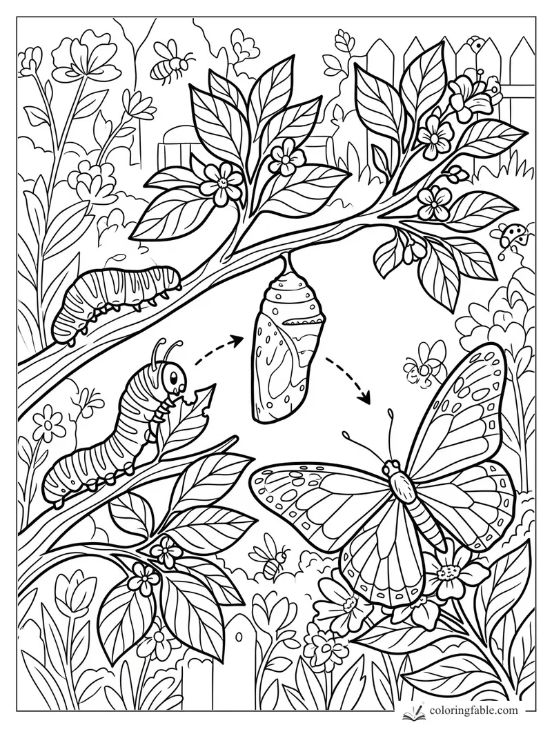 Butterfly life cycle with caterpillars, chrysalis, flowers, bees, and a garden fence