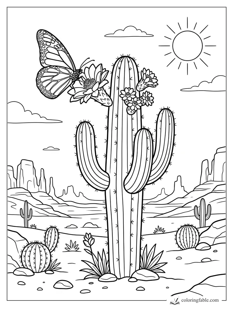 Butterfly sipping from cactus flowers on a tall saguaro in a sunny desert landscape
