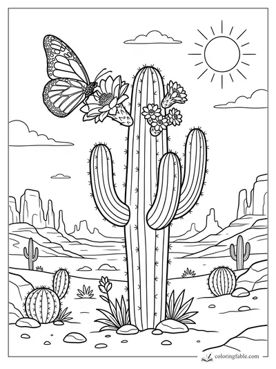 Butterfly sipping from cactus flowers on a tall saguaro in a sunny desert landscape