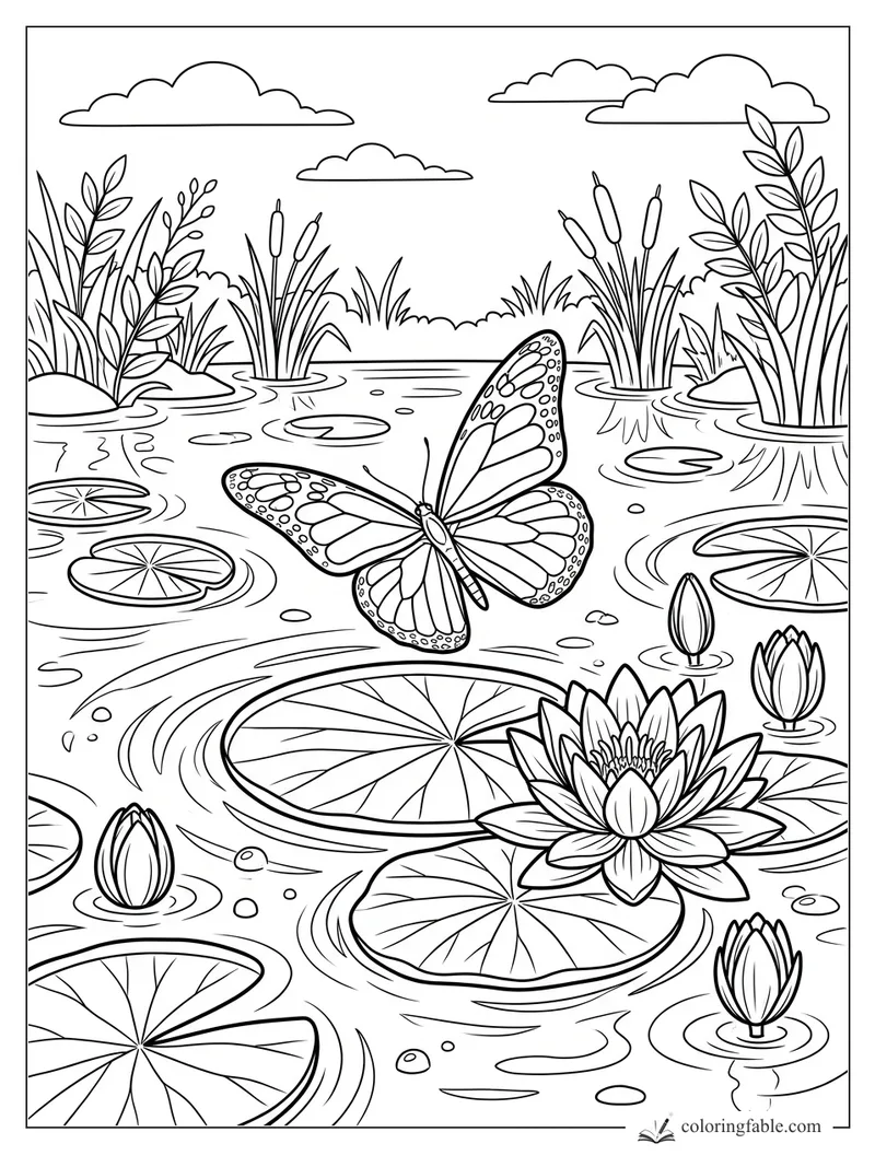 Butterfly flying over lily pads, water lilies, cattails, reeds, and clouds in a pond coloring page