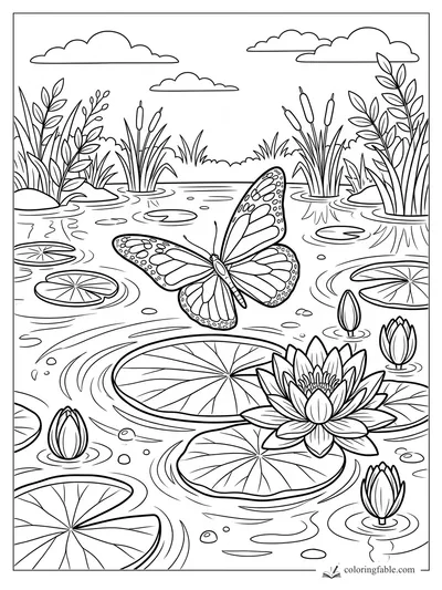 Butterfly flying over lily pads, water lilies, cattails, reeds, and clouds in a pond coloring page