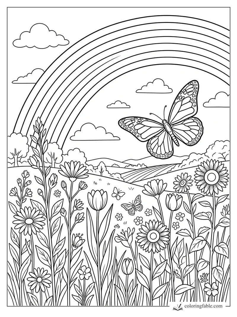 Butterfly flying under a large rainbow above wildflowers, rolling fields, and small clouds