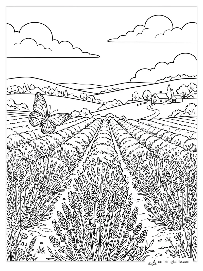 Intricate lavender farm coloring page with a patterned butterfly, rolling hills, clouds, and distant barns.