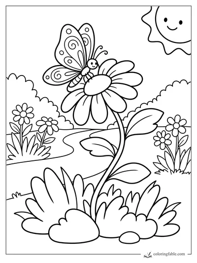 Cartoon butterfly resting on a tall daisy beside a curving garden path and smiling sun