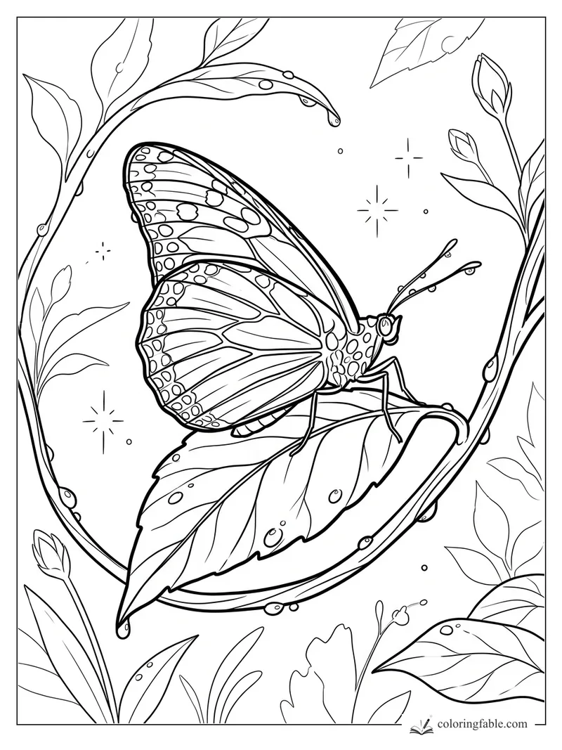 Detailed butterfly on a curved leaf with dew drops, buds, vines, and small sparkle shapes