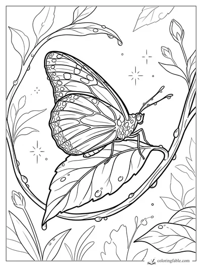 Detailed butterfly on a curved leaf with dew drops, buds, vines, and small sparkle shapes