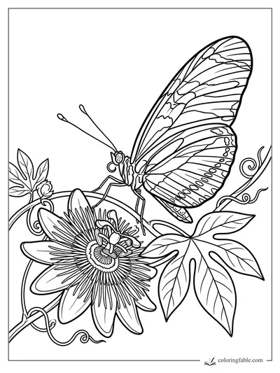Realistic butterfly on a passionflower vine with tendrils, leaves, and detailed wing patterns