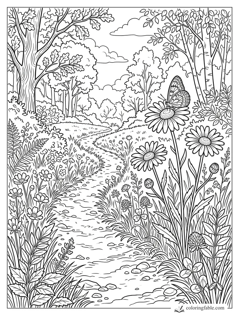 Woodland path coloring page with tall daisies, a patterned butterfly, leafy trees, grasses, and wildflowers.