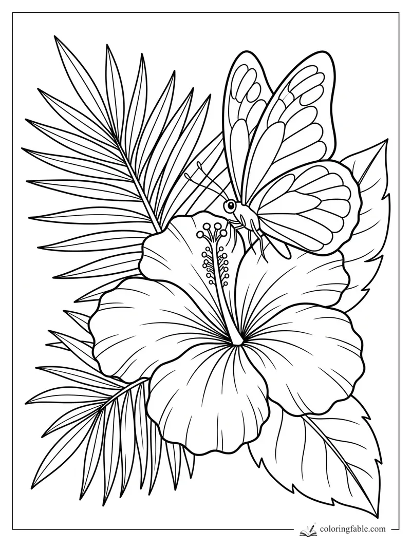 Butterfly sipping nectar from a hibiscus flower with palm fronds and tropical leaves