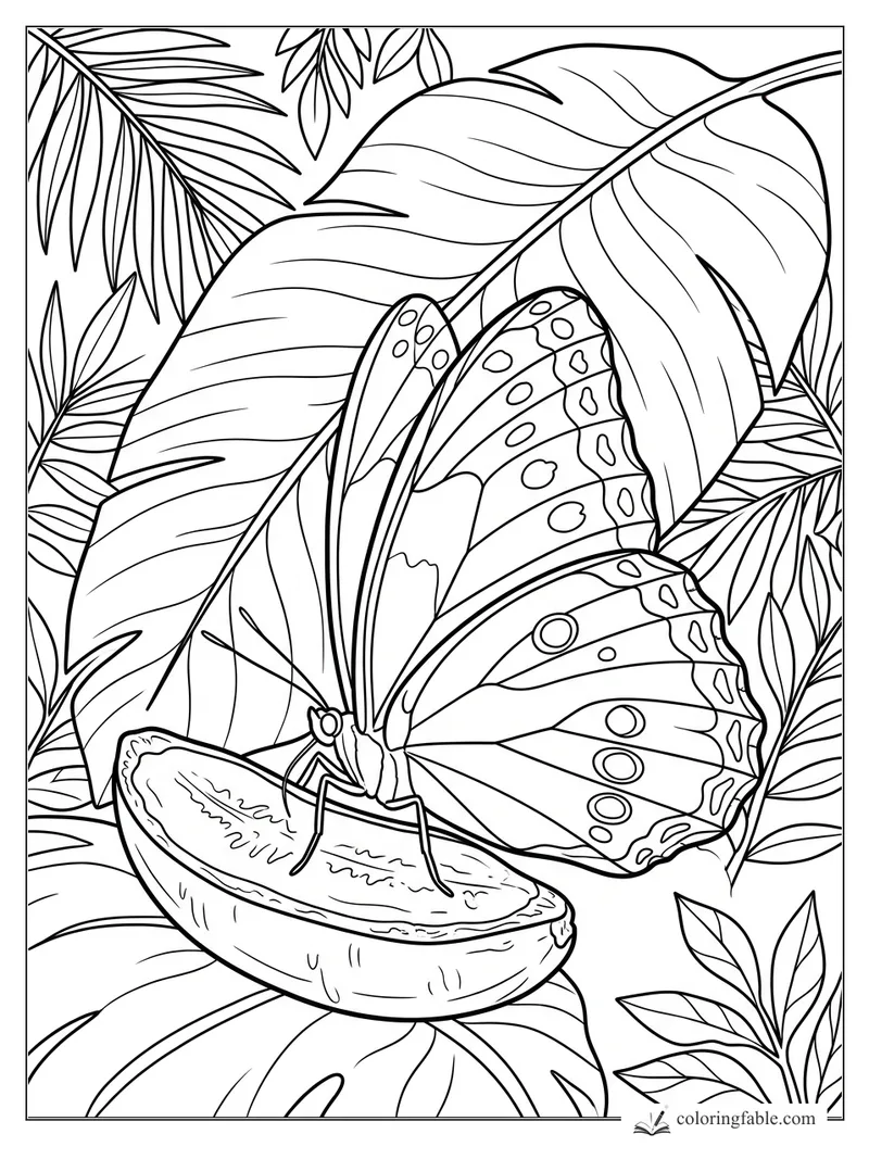 Realistic butterfly on a sliced papaya under broad tropical leaves coloring page