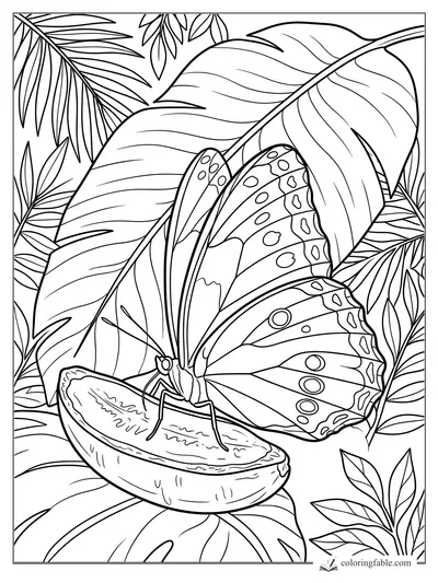 Realistic butterfly on a sliced papaya under broad tropical leaves coloring page