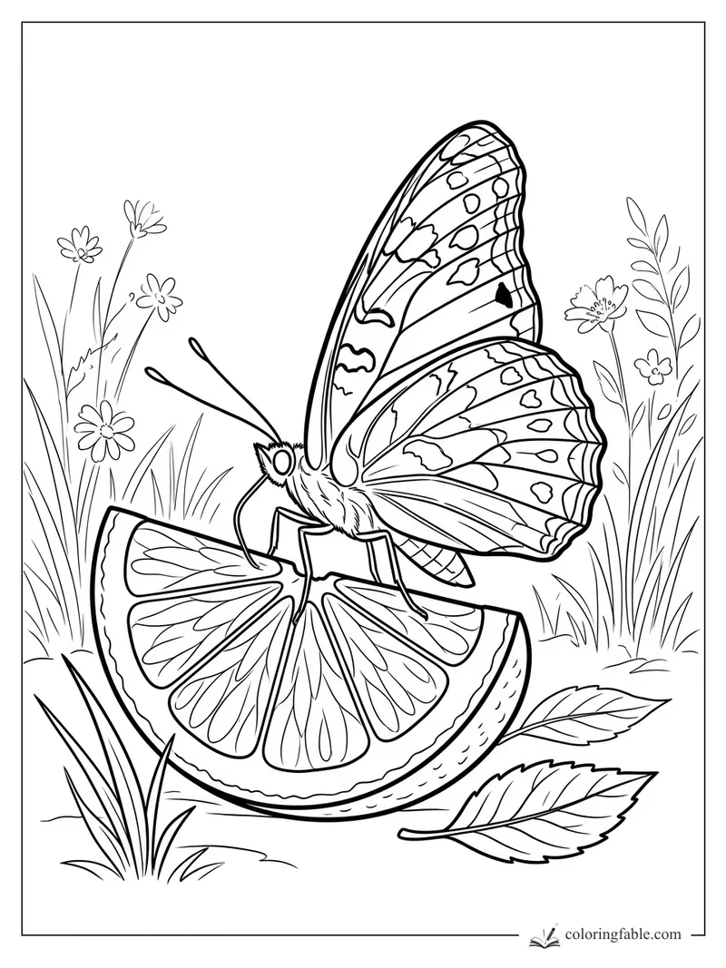 Butterfly perched on a sliced orange among grass, leaves, and wildflowers coloring page