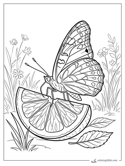 Butterfly perched on a sliced orange among grass, leaves, and wildflowers coloring page