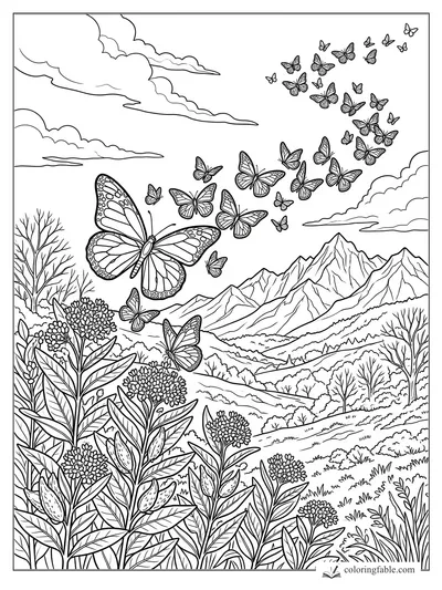 Butterflies rise above milkweed flowers, rolling hills, bare trees, clouds, and sharp mountain peaks.