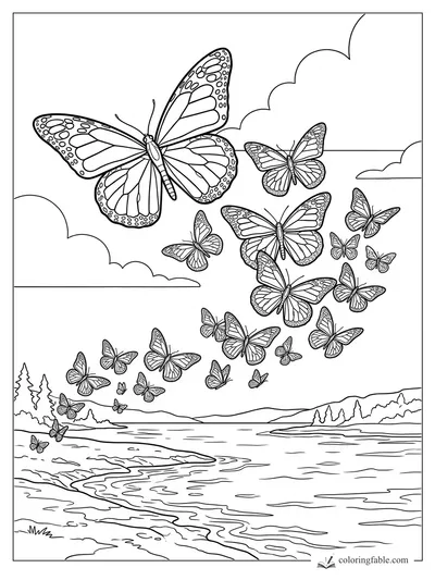 Many patterned butterflies fly above a lake with clouds, pine trees, shoreline, and distant hills.