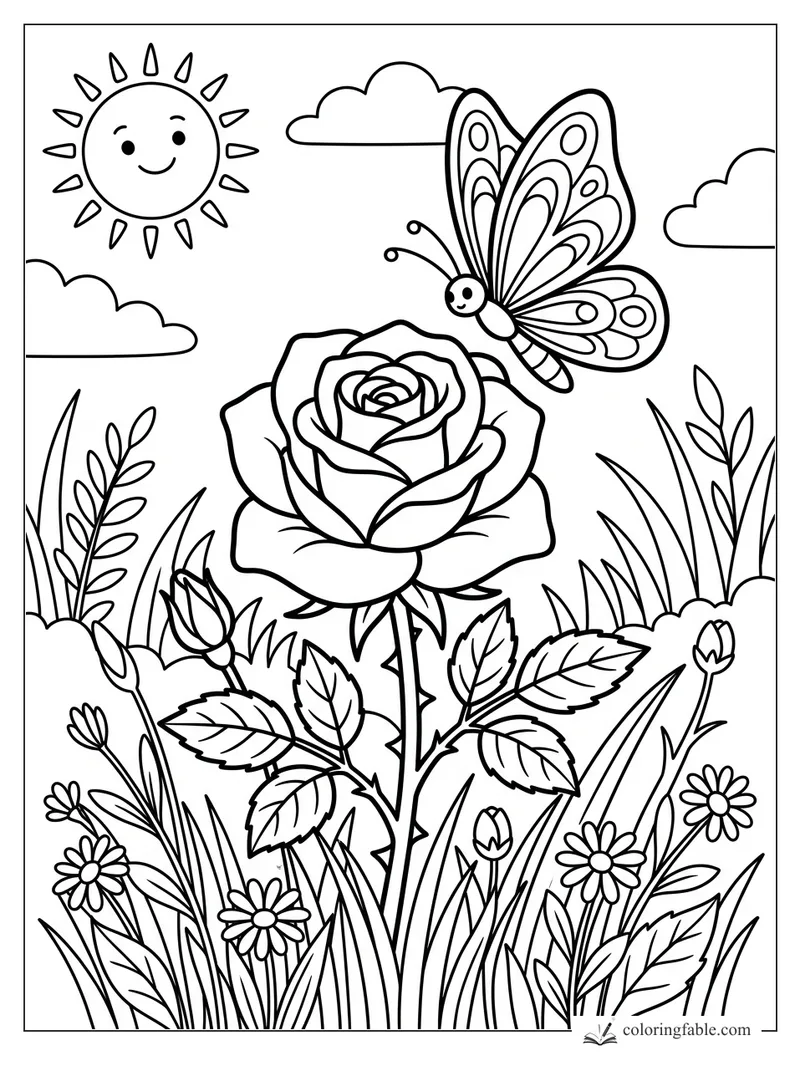 Cartoon rose with a butterfly, smiling sun, clouds, grass, leaves, buds, and small daisies.