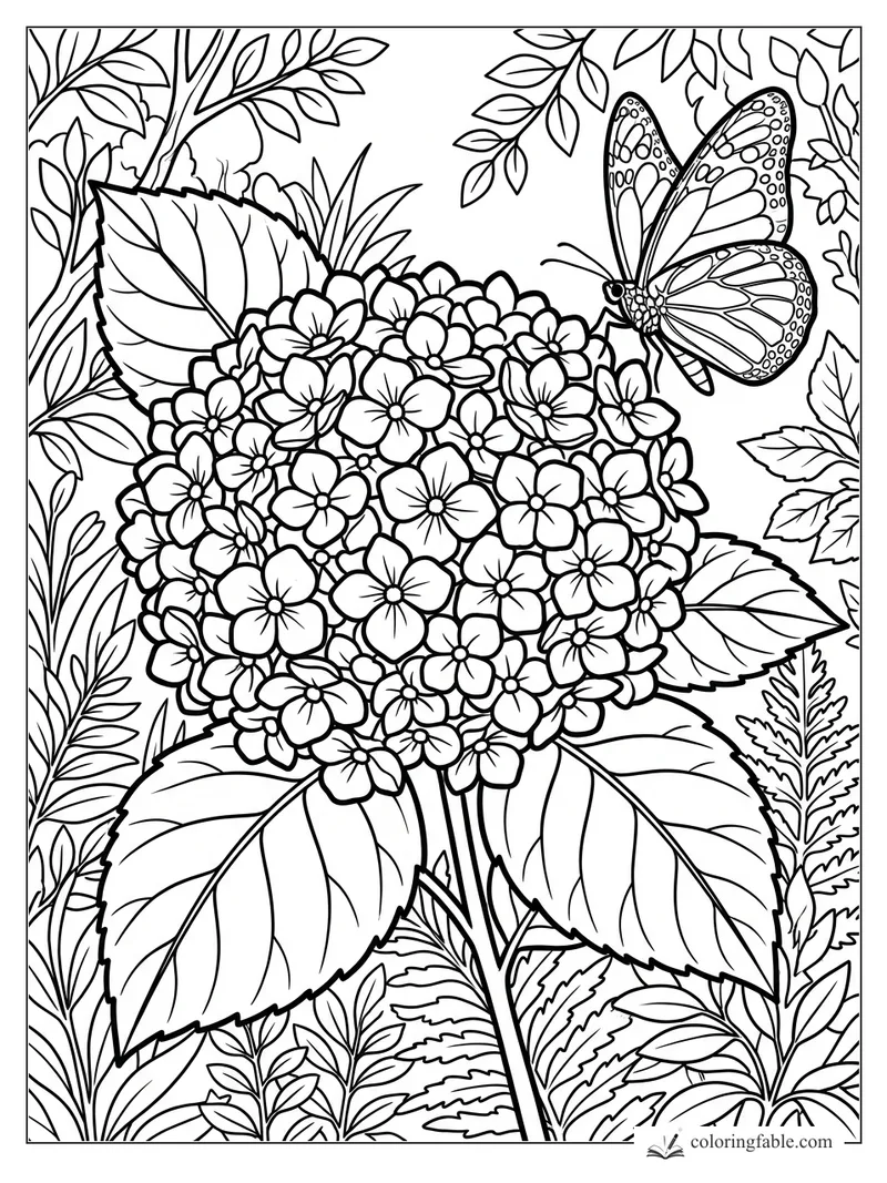 Butterfly beside a round hydrangea bloom with large veined leaves and leafy garden stems
