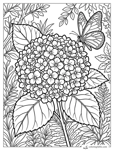 Butterfly beside a round hydrangea bloom with large veined leaves and leafy garden stems