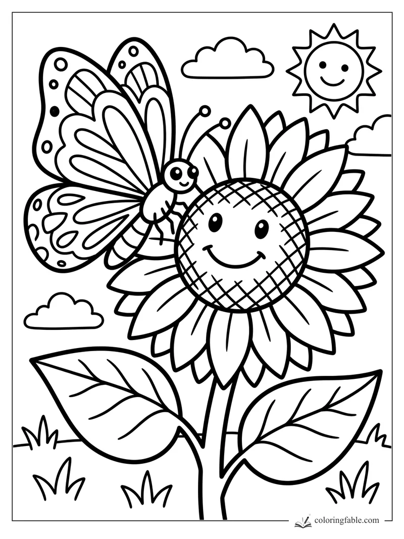 Easy butterfly coloring page with a smiling sunflower, sun, clouds, leaves, and bold outlines.