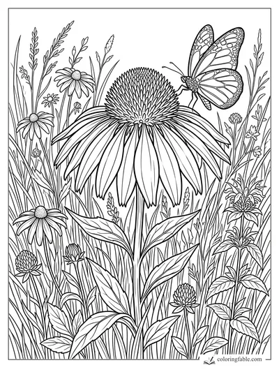 Butterfly hovering beside a large coneflower with daisies, clover blooms, leaves, and tall meadow grass