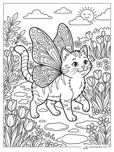Butterfly-winged kitten walking on a garden stone path among tulips, daisies, clouds, and a smiling sun.