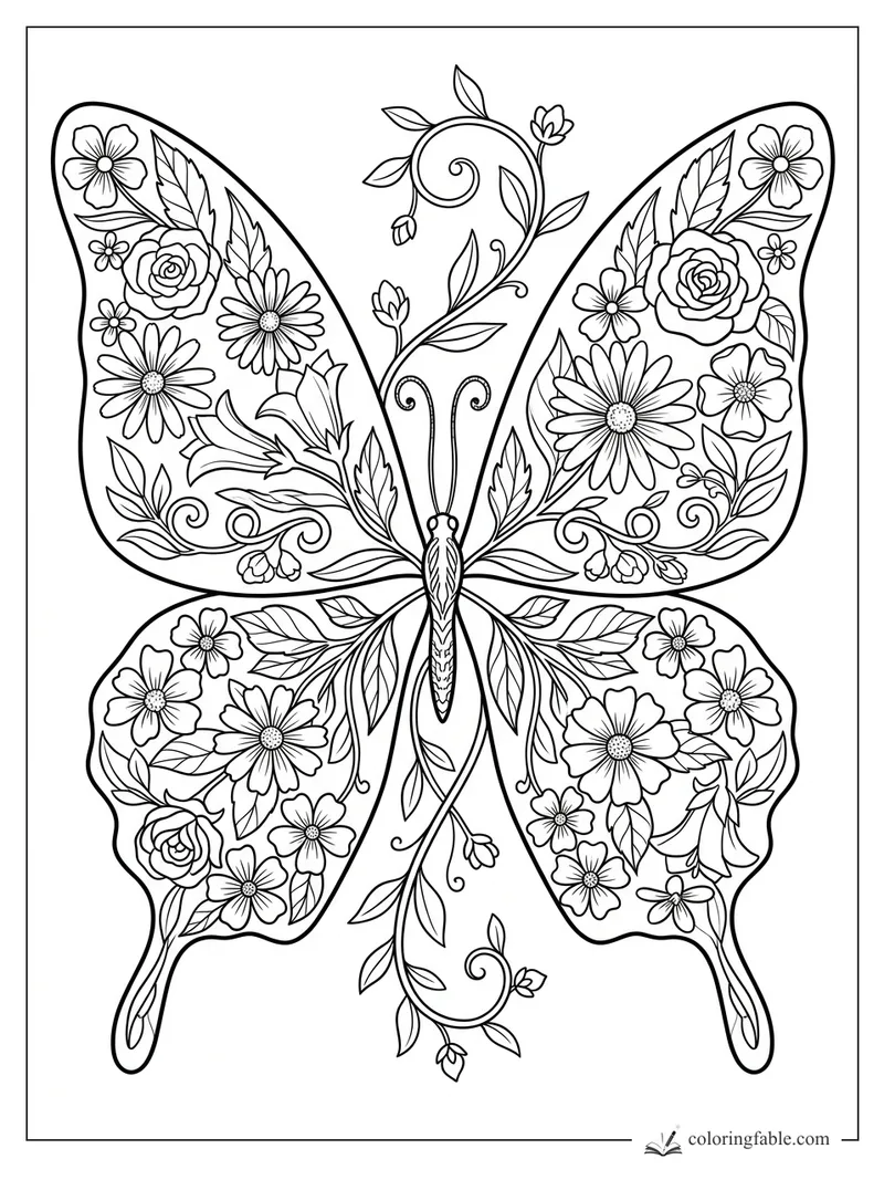 Butterfly coloring page with floral wings, roses, daisies, leaves, and curling vines