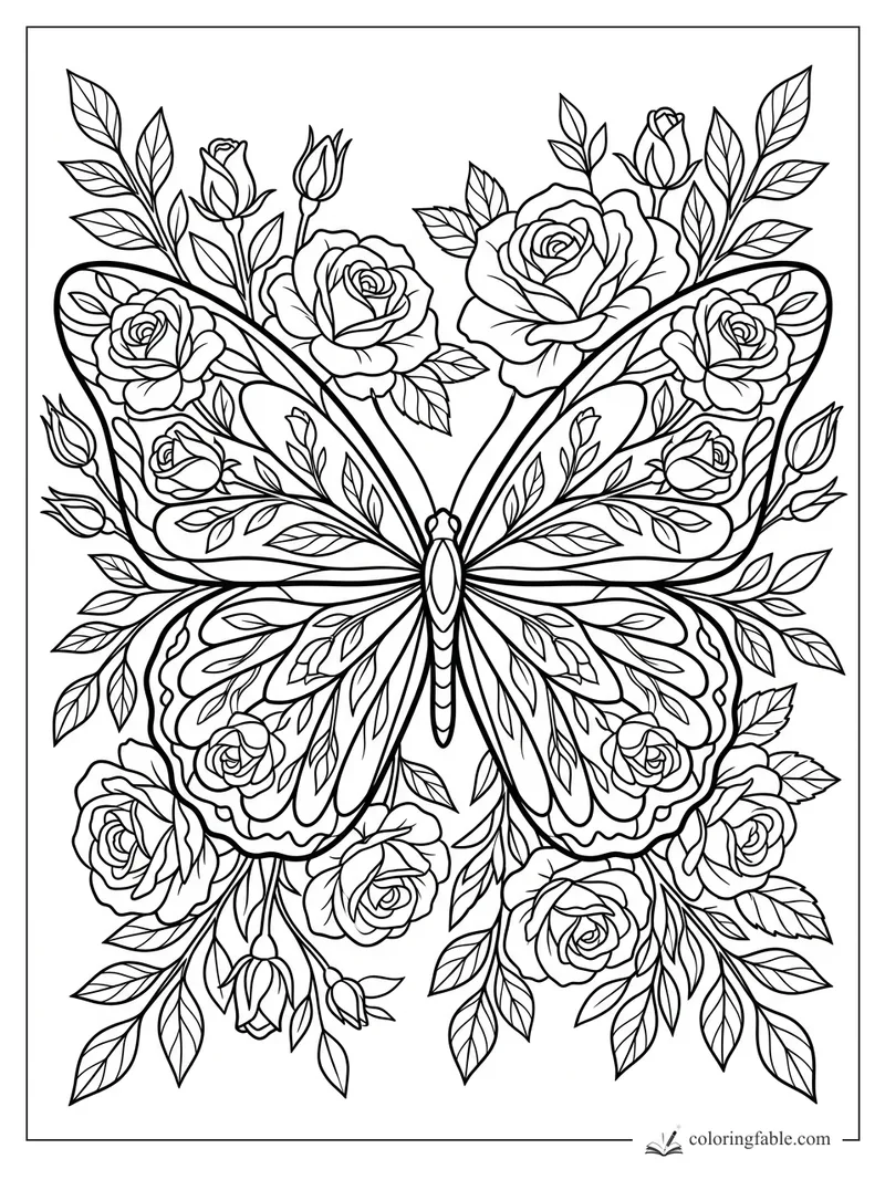 Floral butterfly coloring page with roses, buds, and leafy vines woven through patterned wings.