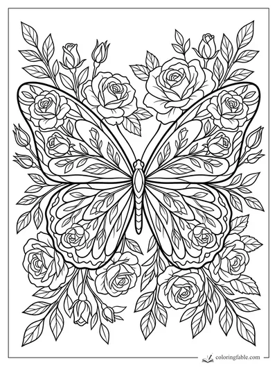 Floral butterfly coloring page with roses, buds, and leafy vines woven through patterned wings.