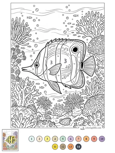 Butterflyfish Gliding Through a Busy Coral Reef — color by number